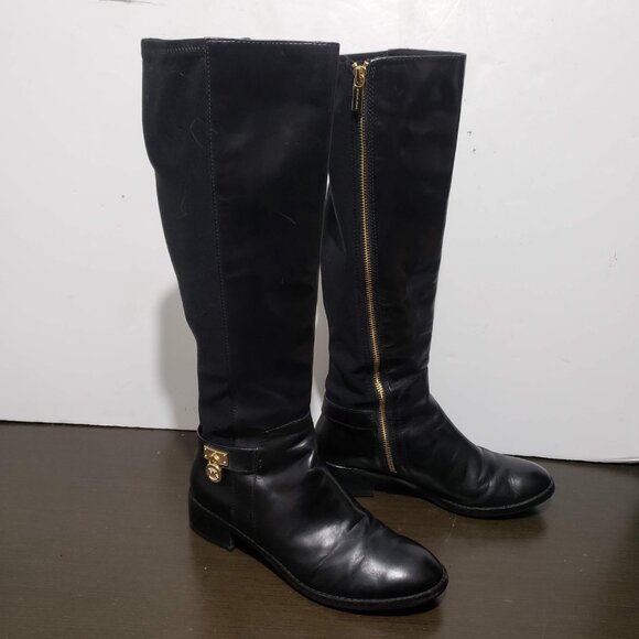 MICHAEL Michael Kors Hamilton Black Leather Stretch Zip Boots Gold Logo 7,5M - Picture 8 of 16